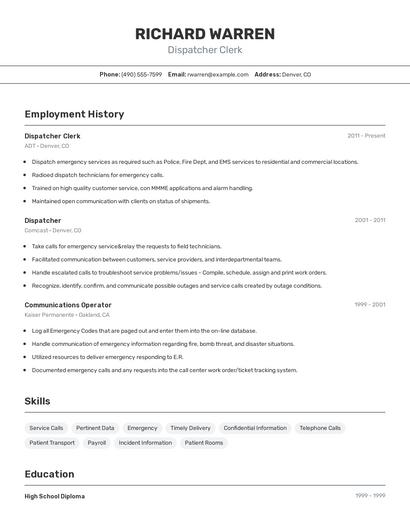 Dispatcher Clerk Resume