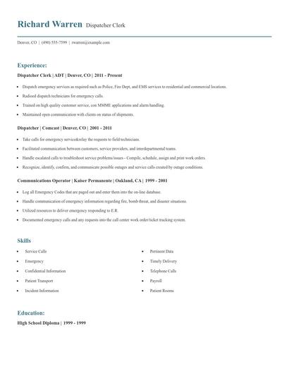 Dispatcher Clerk Resume