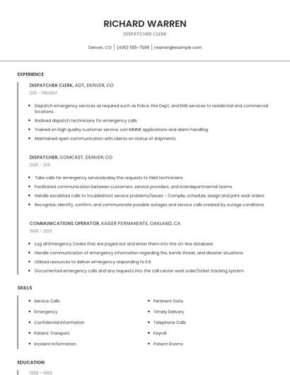 Dispatcher Clerk Resume