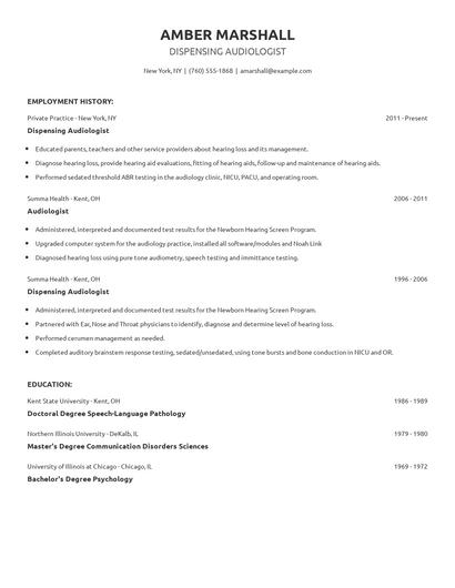 Dispensing Audiologist Resume