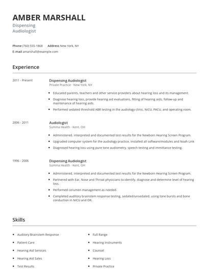 Dispensing Audiologist Resume