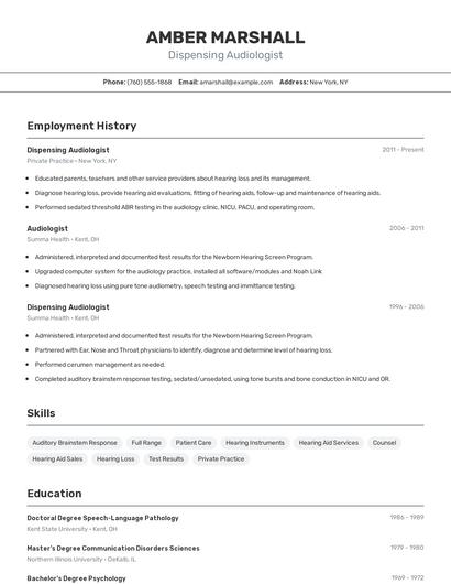 Dispensing Audiologist Resume