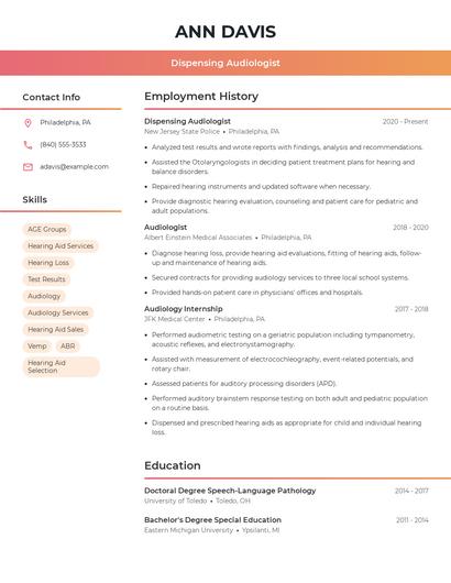 Dispensing Audiologist Resume