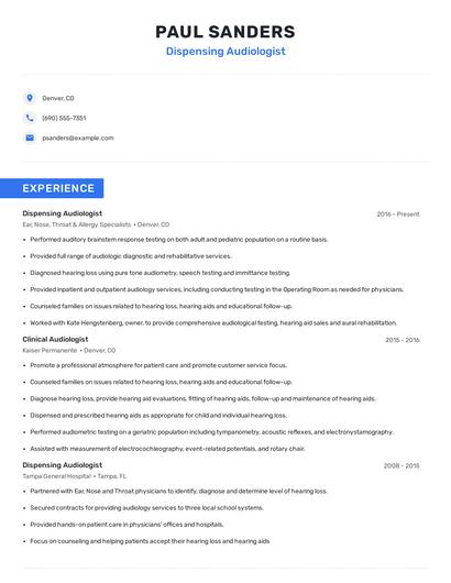 Dispensing Audiologist Resume