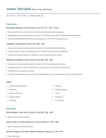 Dispensing Audiologist Resume