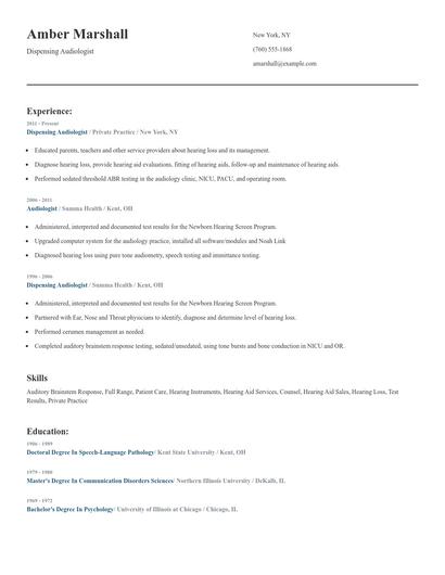 Dispensing Audiologist Resume