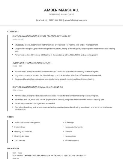 Dispensing Audiologist Resume
