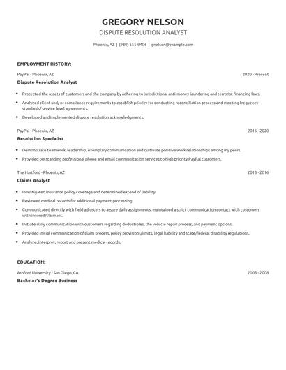 Dispute Resolution Analyst Resume