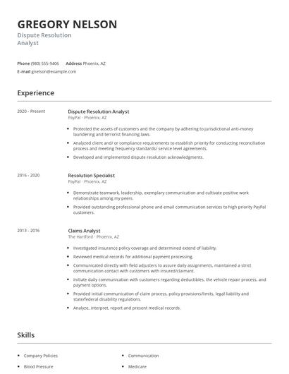 Dispute Resolution Analyst Resume