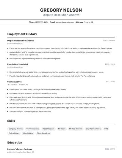 Dispute Resolution Analyst Resume