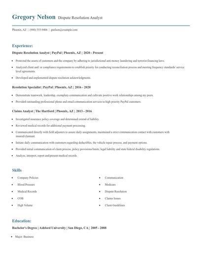 Dispute Resolution Analyst Resume