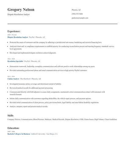Dispute Resolution Analyst Resume