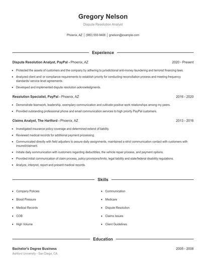 Dispute Resolution Analyst Resume