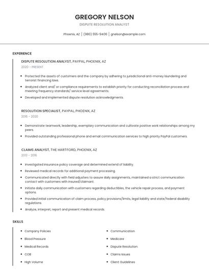 Dispute Resolution Analyst Resume
