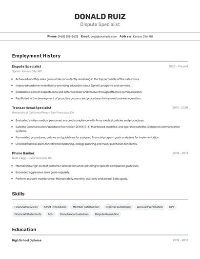 Dispute Specialist Resume