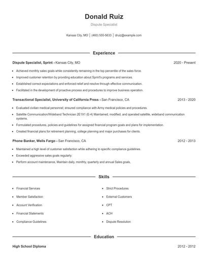 Dispute Specialist Resume