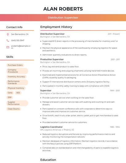 Distribution Supervisor Resume