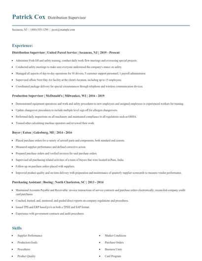 Distribution Supervisor Resume