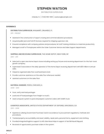 Distribution Supervisor Resume