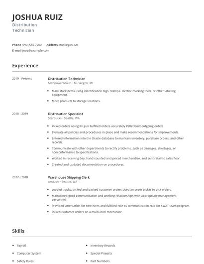 Distribution Technician Resume