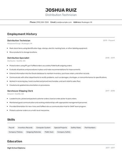 Distribution Technician Resume