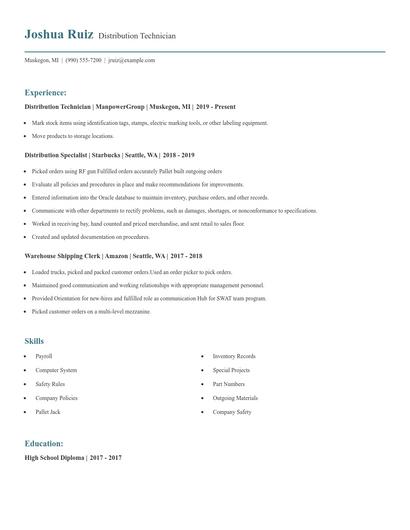 Distribution Technician Resume