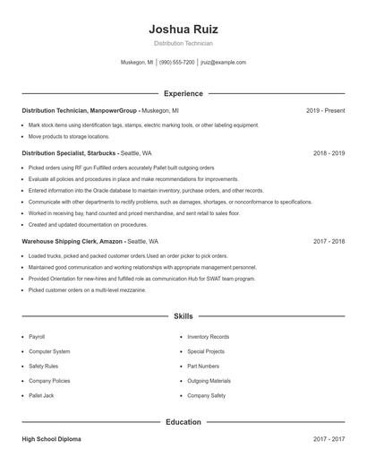 Distribution Technician Resume