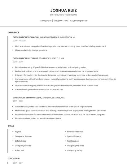 Distribution Technician Resume