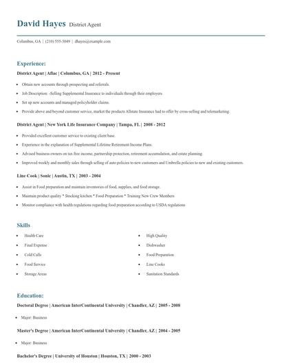 District Agent Resume