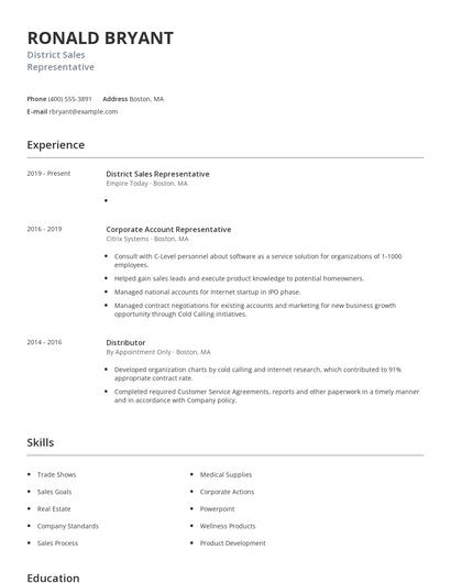 District Sales Representative Resume