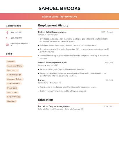 District Sales Representative Resume