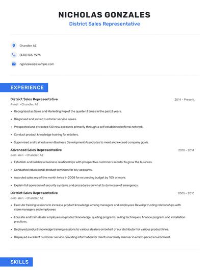 District Sales Representative Resume