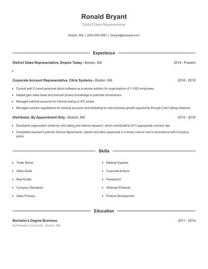 District Sales Representative Resume