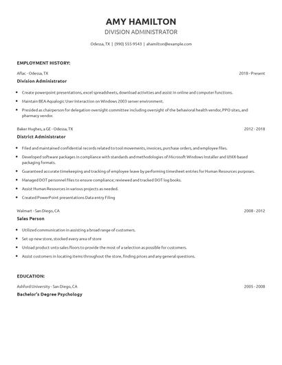 Division Administrator Resume