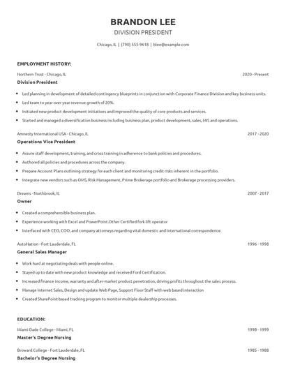 Division President Resume