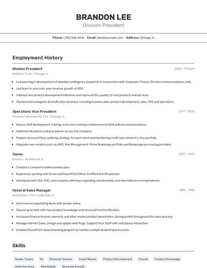 Division President Resume