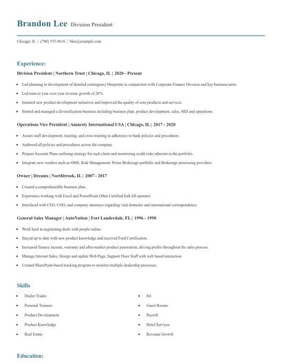 Division President Resume