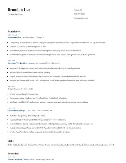 Division President Resume