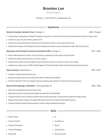 Division President Resume