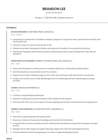 Division President Resume