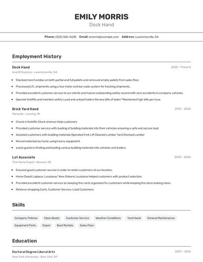 Dock Hand Resume