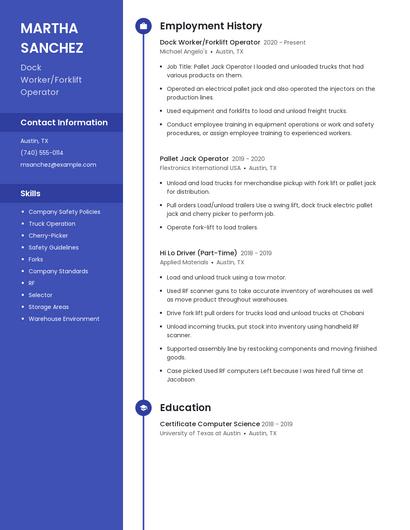 Dock Worker/Forklift Operator Resume