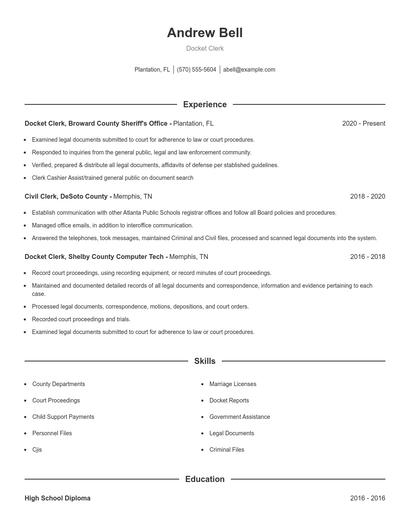 Docket Clerk Resume