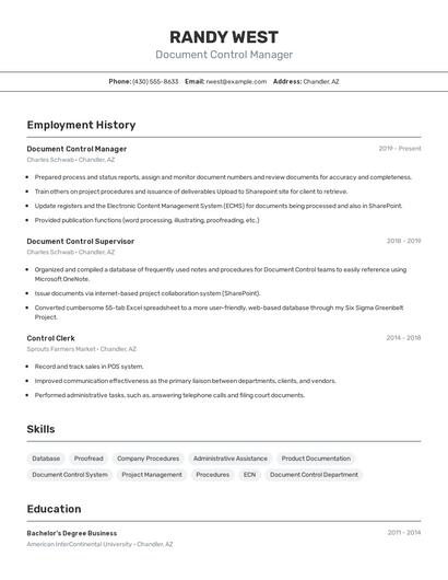 Document Control Manager Resume
