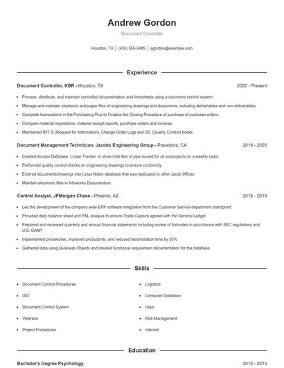 Document Controller Resume