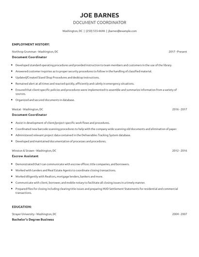 Document Coordinator Resume