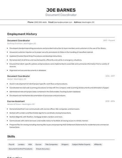 Document Coordinator Resume