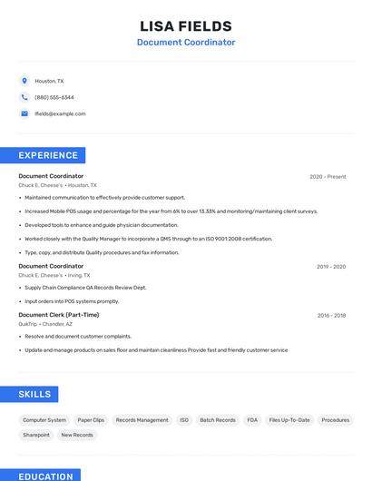 Document Coordinator Resume