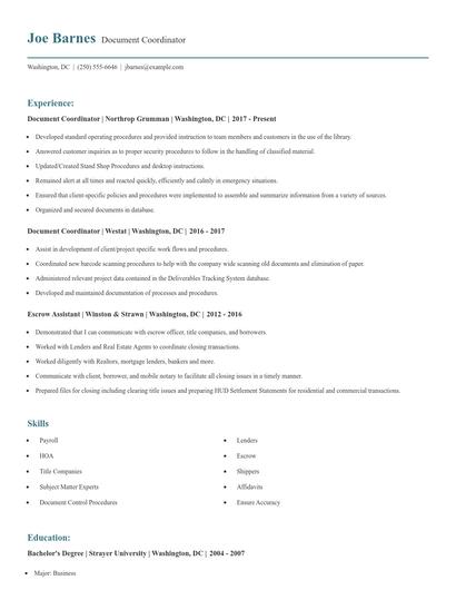 Document Coordinator Resume