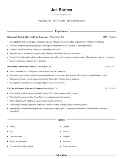 Document Coordinator Resume